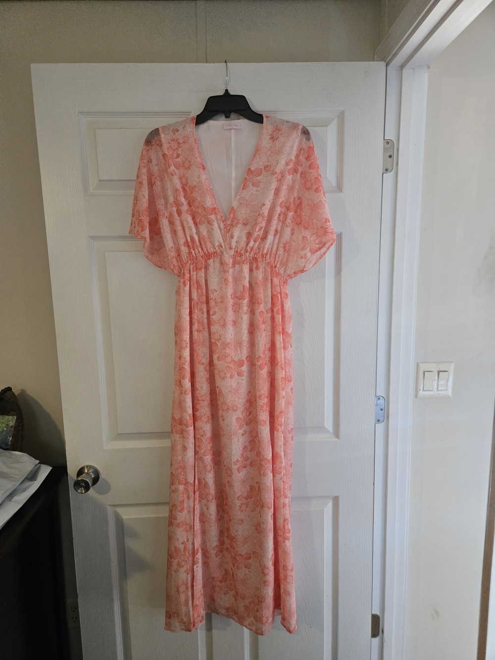 Floral V-Neck Coral Maxi Dress with Flutter Sleeves